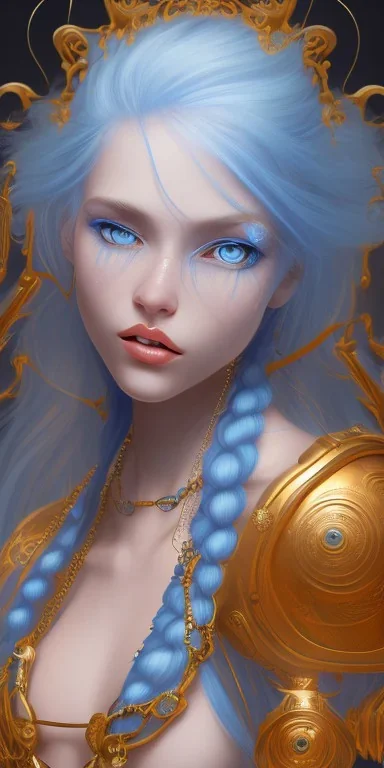 human kingfisher girl with blue hair and orange strand of hair wearing a blue winter coat and a gold necklace. kingfisher sitting on top of her head