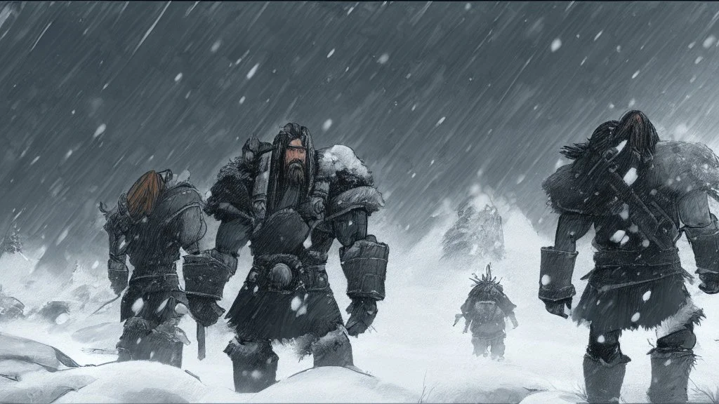 Warriors in blizzard, comic style
