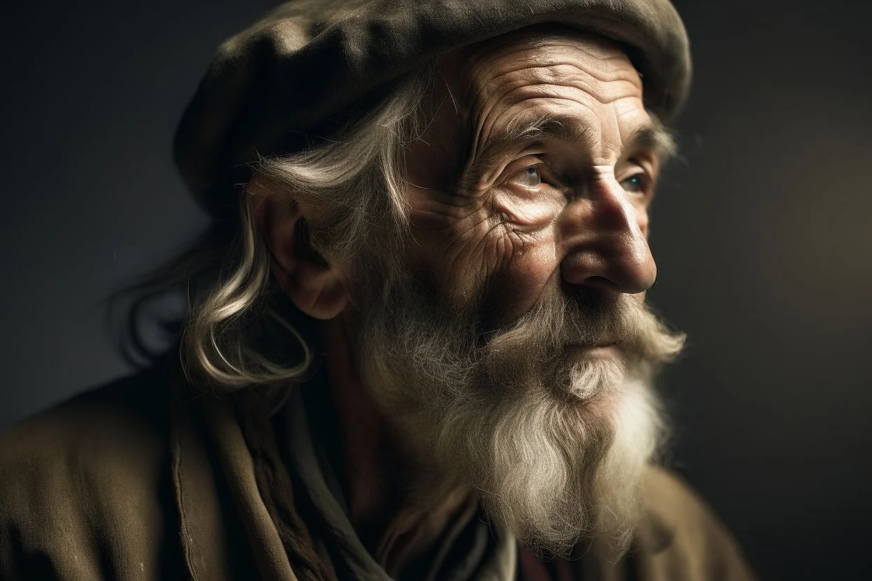 frontal profile picture of an old herbalist hobo like hero.