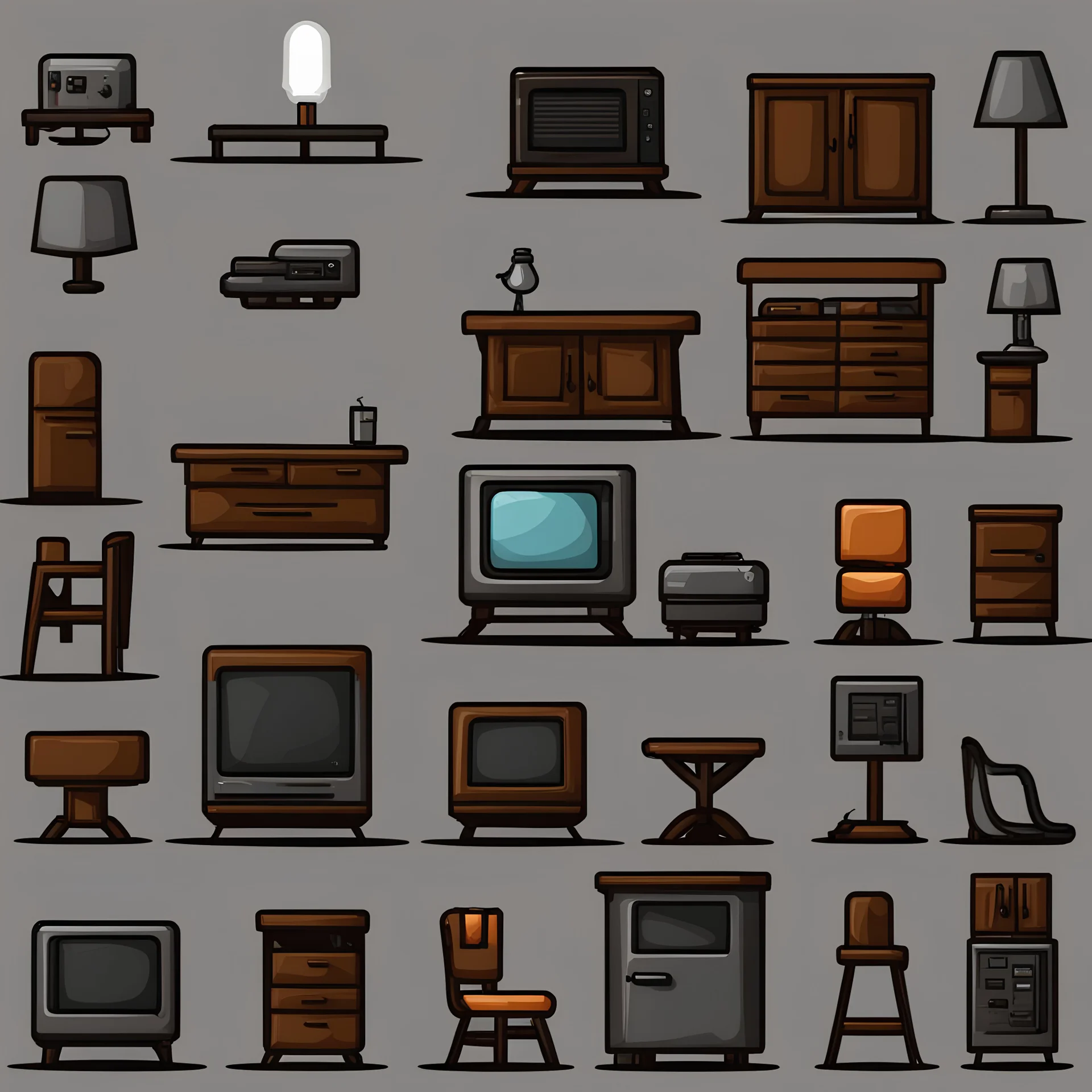 Sprite sheet, furniture, table, chair, television, lamp, toaster, icons, survival game, gray background, ,