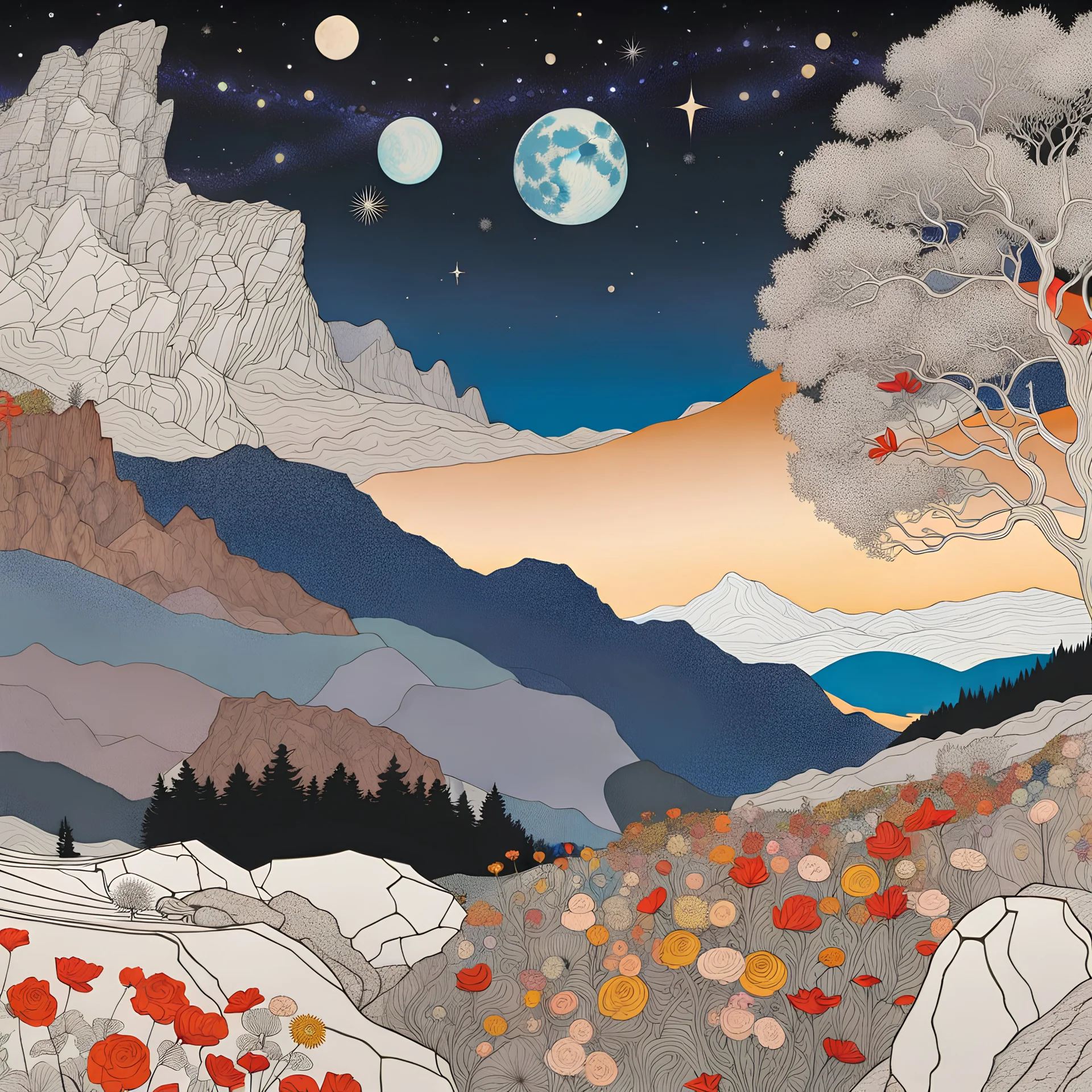 Colourful, peaceful, Egon Schiele, Max Ernst, night sky filled with galaxies and stars, rock formations, trees, flowers, one-line drawing, sharp focus, 8k, deep 3d field, intricate, ornate