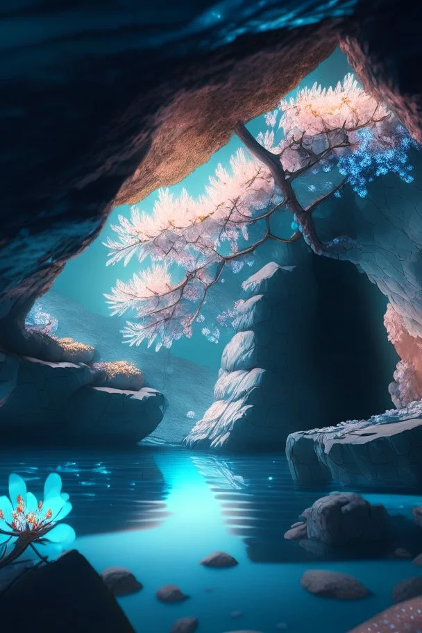 A realistic image in 4K of a cavernous subterranean cave illuminated by glowing aquamarine rocks, geometric rock formations protruding from the roof of the cavern, a crystal clear lake, a blooming japanese cherry tree rising emerging from the calm waters in the background