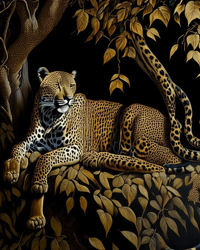 Leopardo coherente pintura del renacimiento obra de arte cuerpo completo árboles detallado impactante sombra nítida hiperrealista