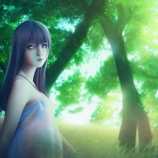 Insanely portrait of beautiful girl day, sunny, relaxing, sea, trees, real details, hyper photo realistic, anime style, realistic, glowing forest, 8k