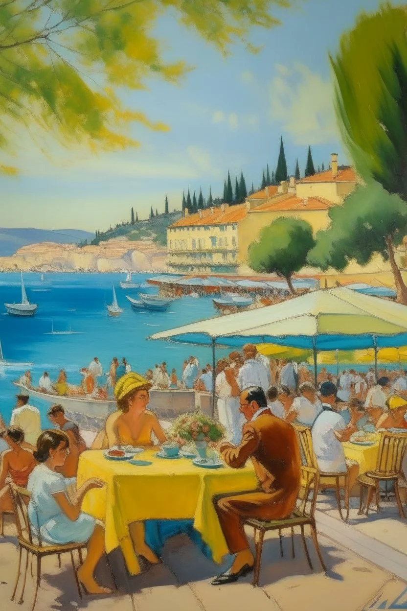 cote d'azur tarras with people eating painting neoclassism