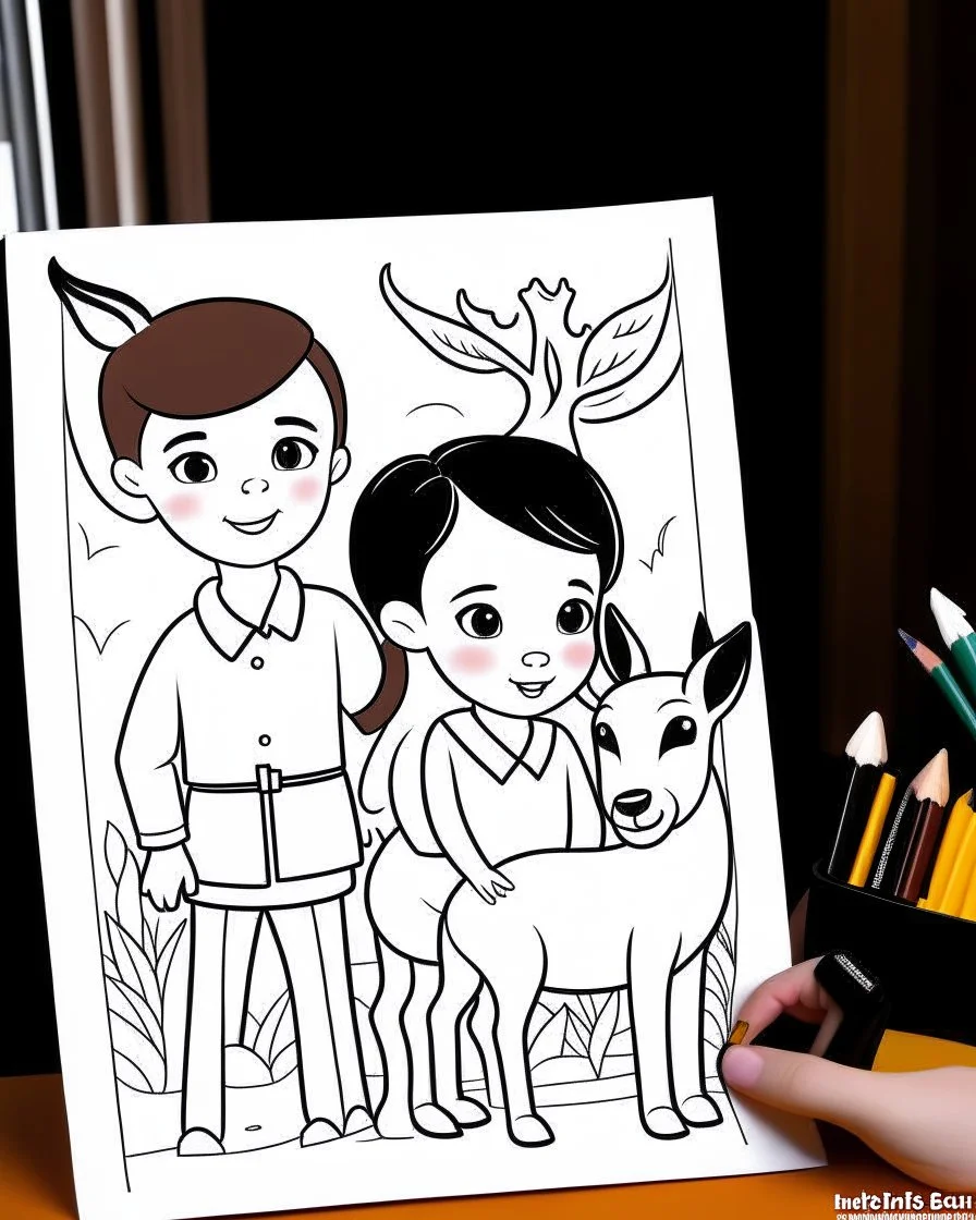 carton style: Check out a picture of A girl AND A boy (2 years) showcasing their finished deer coloring page in a frame or as a gift for someone special.
