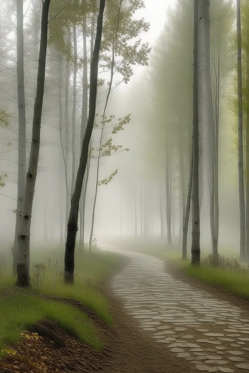 soft fog, with light breaking through, tall white birch trees, and a stone path leading to pavilion