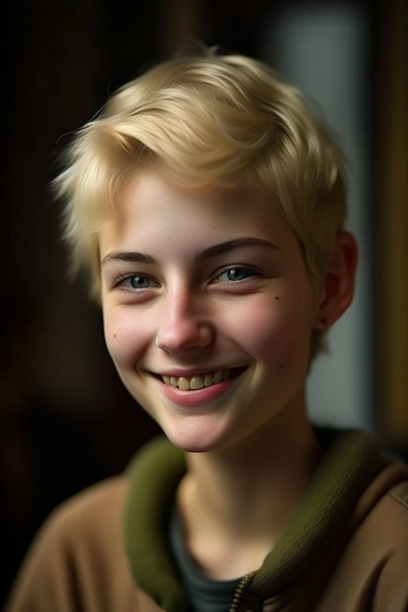 portrait of a 16 year old caucasian woman with really short blond hair, aglae green eyes, smiling