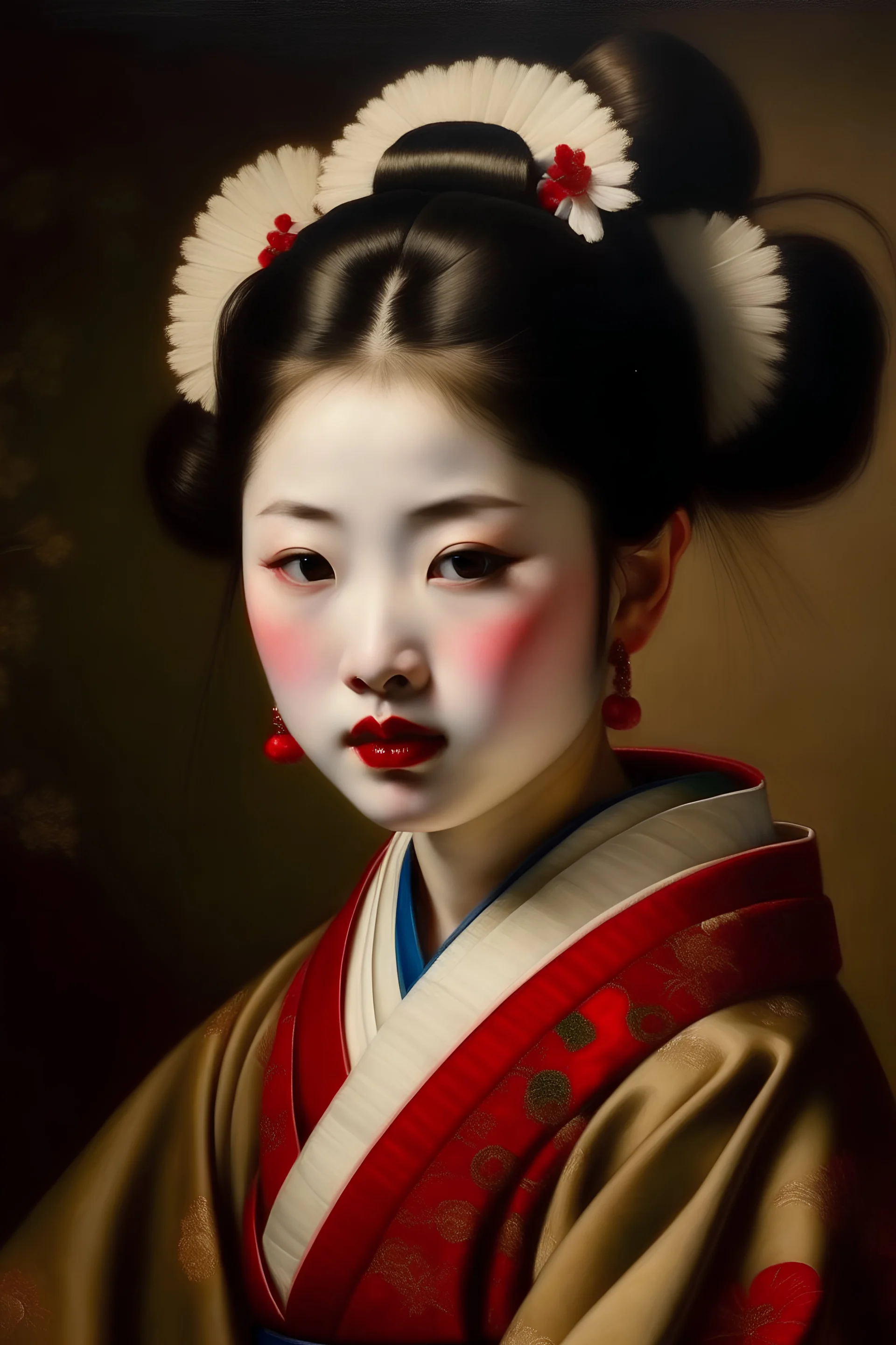 classic 1600s french oil painting of a young Japanese geisha with painted white face and red lipstick, wearing a elaborate red silk kimono
