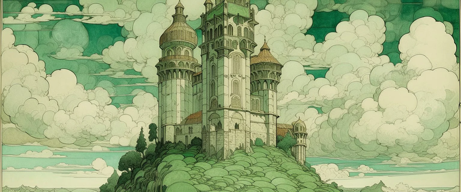 A pale green castle in the clouds designed in medieval tapestry painted by Auguste Rodin