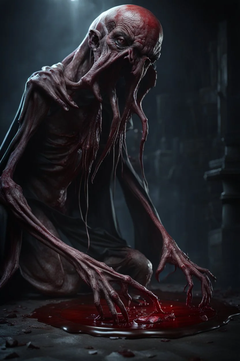 Undead mind flayer draining the blood from corpse. full body shot. fantasy and intense horror setting, Cinematic lighting, Volumetric lighting, Epic composition, Photorealism, Very high detail, Character design, Unreal Engine, Octane render, HDR, Subsurface scattering, fantasy art,