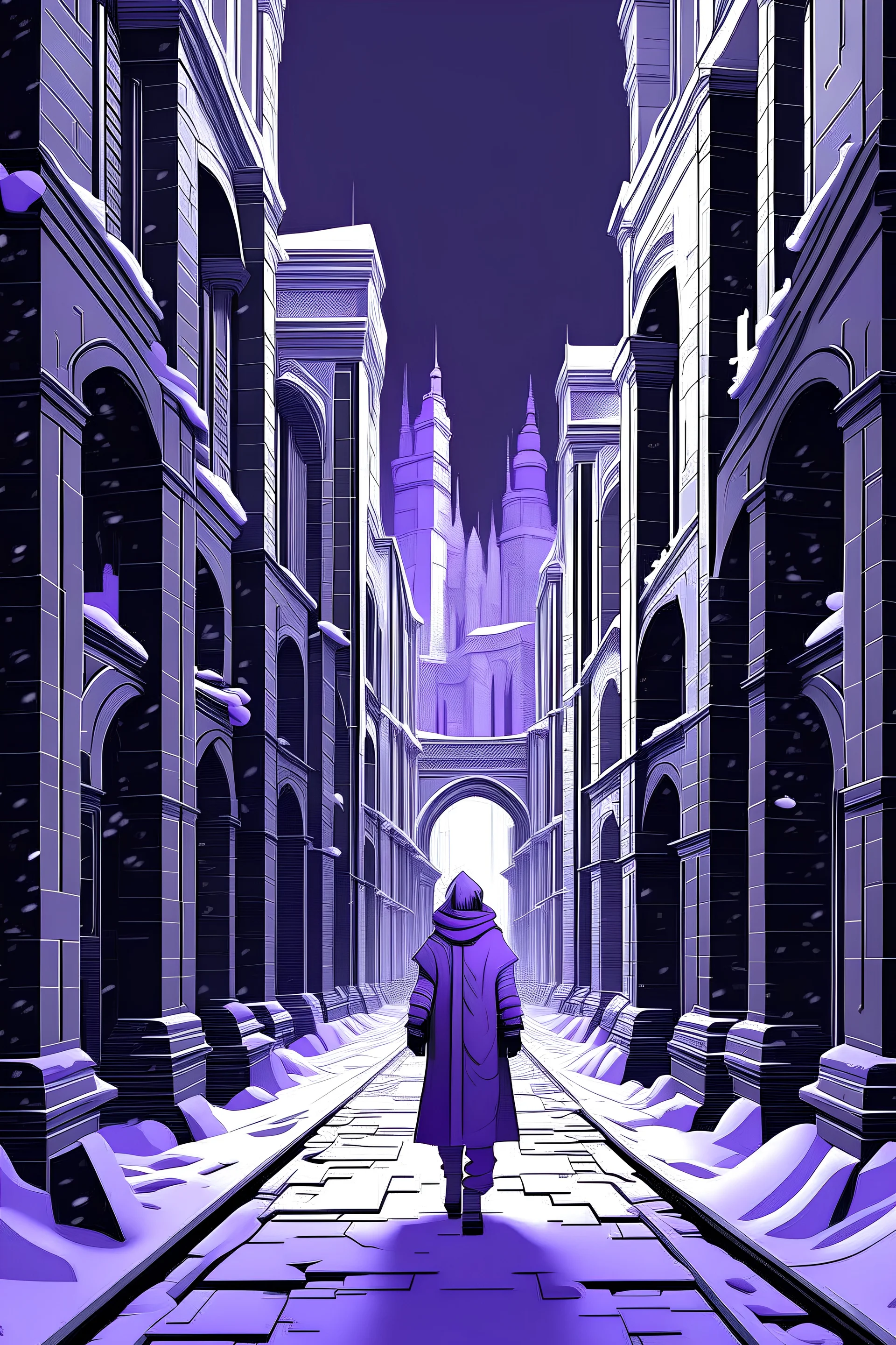 snowy megacity in purple, white, grey, and black perspective of a person from within an alley with arches and towers skyline filled with structures not photorealistic but stylized