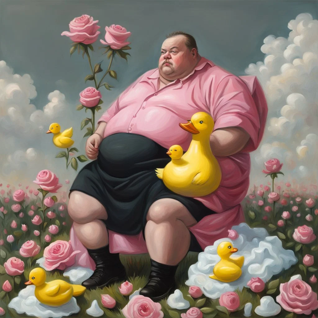 A fat man wearing a Balenciaga dress is sitting in a field of pink roses next to yellow plastic ducks and eating ice cream. 19th painiting