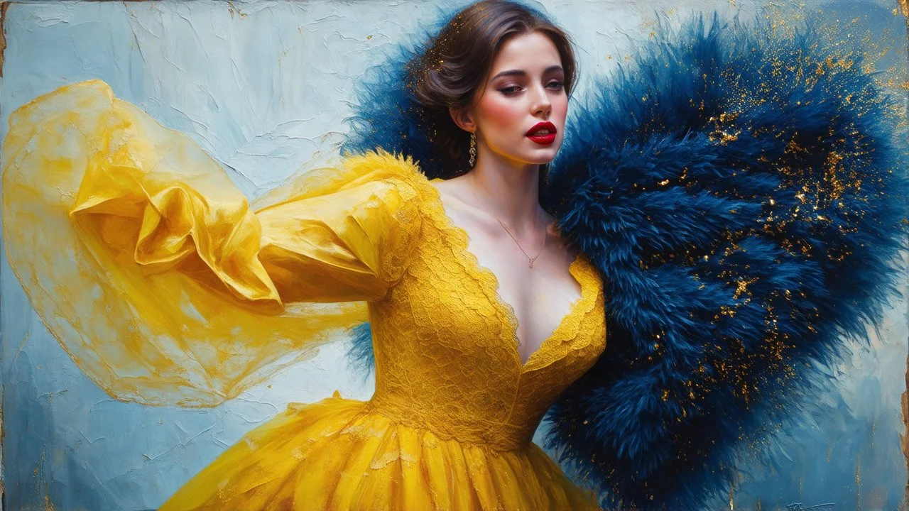 old worn layered canvas, mixed media, multiple exposure, layered, embossed, fine art luminous soft watercolor, glitter, luminosity, highlights, gold fragments, shine, light effects, medium plan, Venetian Gothic woman in YELLOW and dark BLUE airy dress, Red lips, lace, fur, fluffiness, wind, airiness, layered, blending, textured, surrealism, 3D, 8K, best quality, fine rendering, high detail, hyperrealism, high resolution, high definition, highest focus, hyper sharpness, hyperfocus, vignette