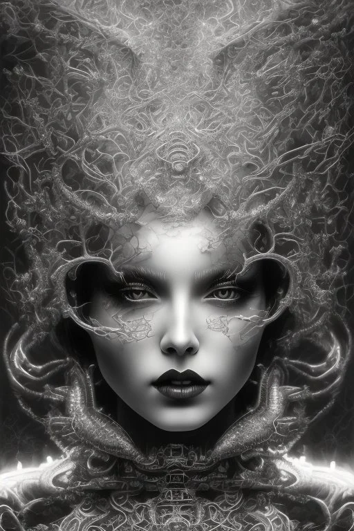 a black and white double exposure photo of a woman's face, an ultrafine detailed air brush painting by Hajime Sorayama, Kyle cooper, and Dan Hillier, cgsociety, dark erotica, avant garde gothic androgynous, mixed media, dystopian art, cosmic art, analog horror, nightmarefuel, hauntingly beautiful, beautifully ominous, sharp and razor focused in stunning HD, world class art, unique, modern masterpiece, exceptional, exquisite, dark fantasy, grime, neoism, apocalypse art, calotype