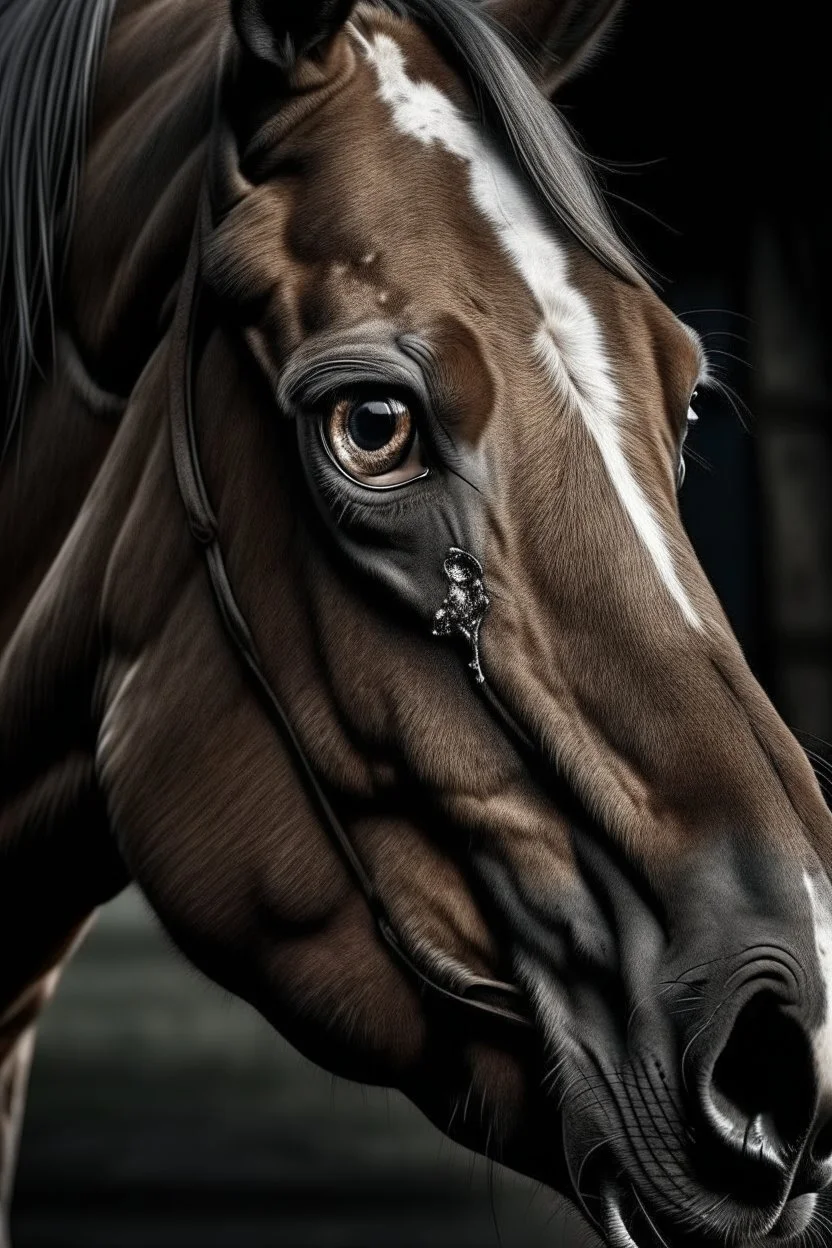 Horse with overly realistic human eyes, scary