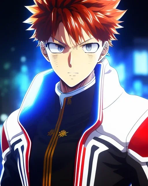 Detailed anime portrait of shoto from my hero academia, red and white hair split down the middle, blue suit, intricate details, full body portrait, keep head in frame, slight smile, black Japanese motif, concept art, highly detailed, digital painting, concept art, sharp focus, illustration, art by Yoji Shinkawa, WLOP and greg rutkowski and alphonse mucha and artgerm and yanjun Chen and Junji ito and Makoto Shinkai, HDR, octane render