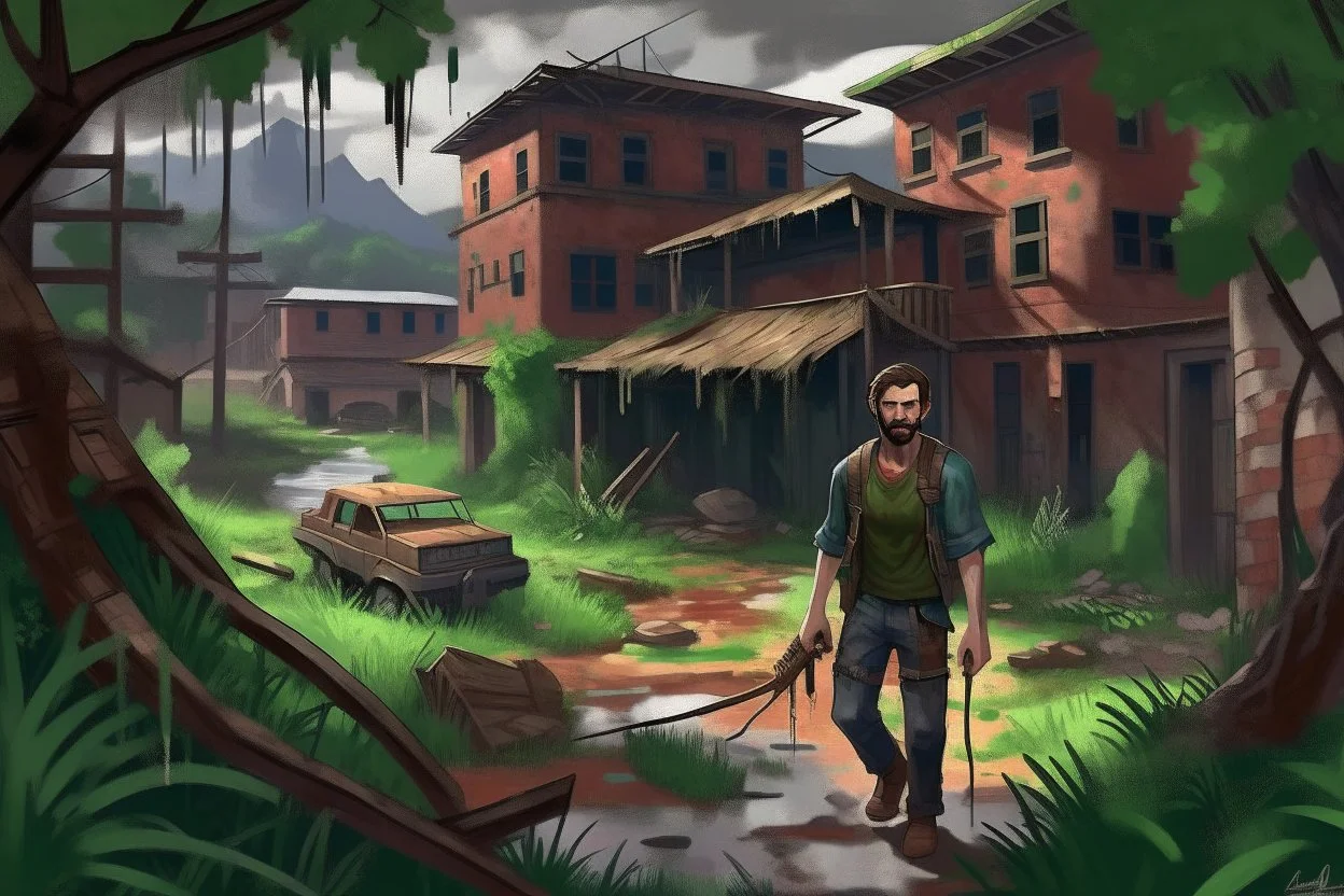 TLOU Town but in the style of Bob Ross's oil painting.