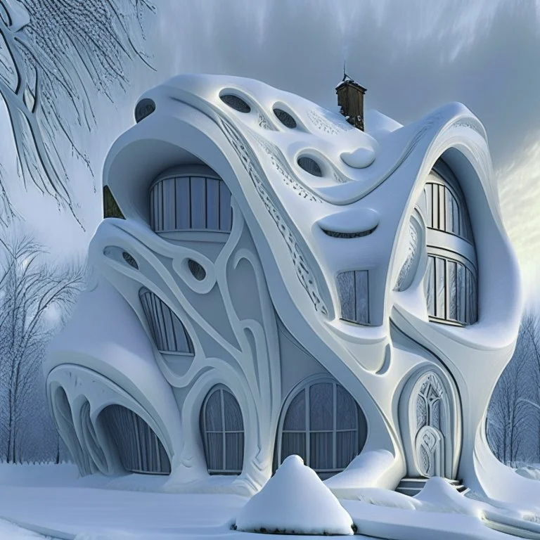 a house that is covered in snow, in the style of art nouveau organic forms, vray tracing, chromatic sculptural slabs, dark white and gray, melting, landscape fantasies, danube school