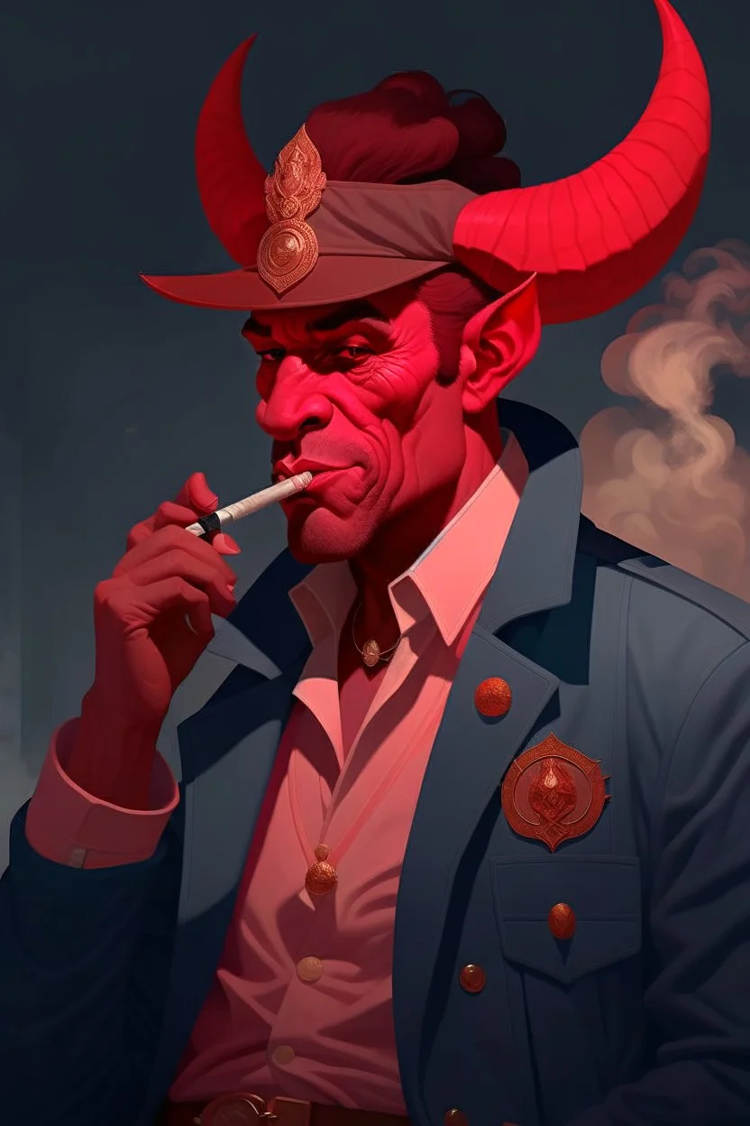 A red tiefling wearing a police comisioner outfit smoking a cig.