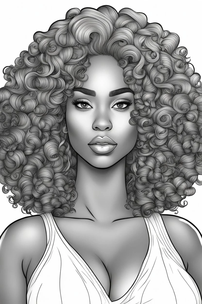 Create a coloring page of a beautiful curvy black female looking to the side with curly hair. No shading, No color, clean lines
