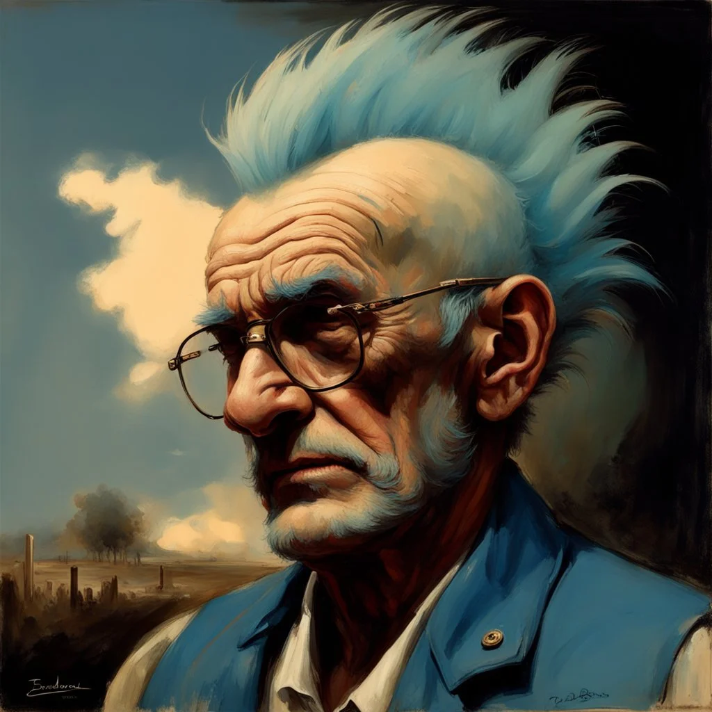 a detailed portrait of old man with a extravagant blue mohawk, the old man is always doing somehing different, Variations like fixing his truck, visiting his wife at the cemetary, going to punk rock shows, etc by edouard bisson, punk rock, oil painting, muted colors, soft lighting