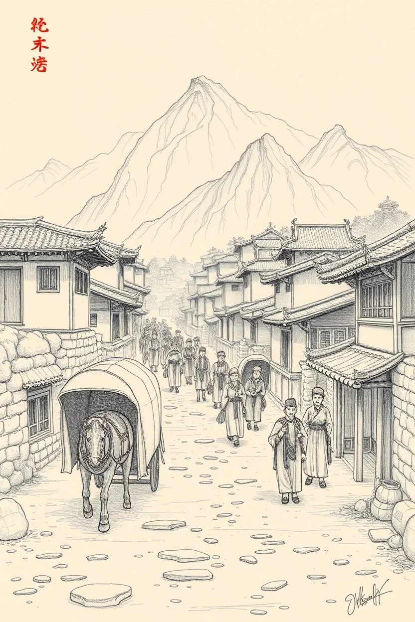 trading caravan Hexi Corridor silk road in ancient times in the style of Huang Yong Ping pencil sketch