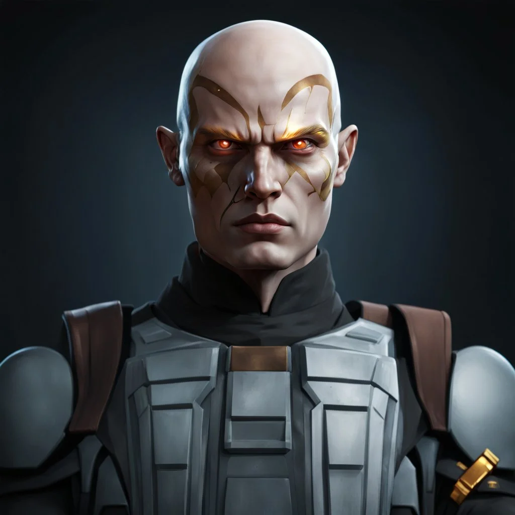 star wars bald male corellian jedi pilot wearing black and gunmetal grey old republic armored robes with gold trim, alone, battle-ready Jedi Master defending a ruined ancient city surrounded by golden light, centered head and shoulders portrait, hyperdetailed, dynamic lighting, hyperdetailed background, 8k resolution, volumetric lighting, light skin, fully symmetric details