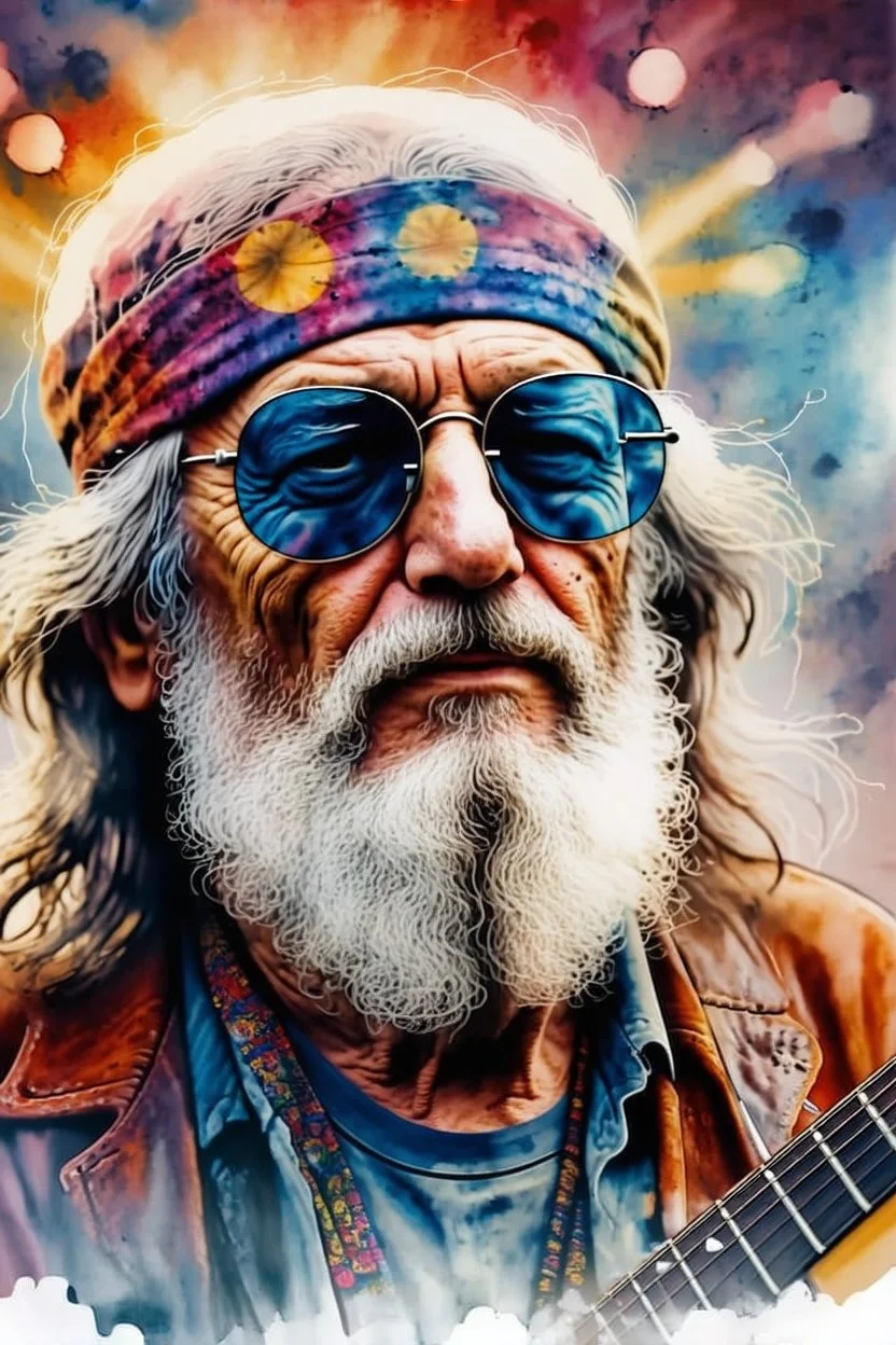 The old hippie, double exposure old hippie's face formed by a band on stage playing a concert, watercolor.