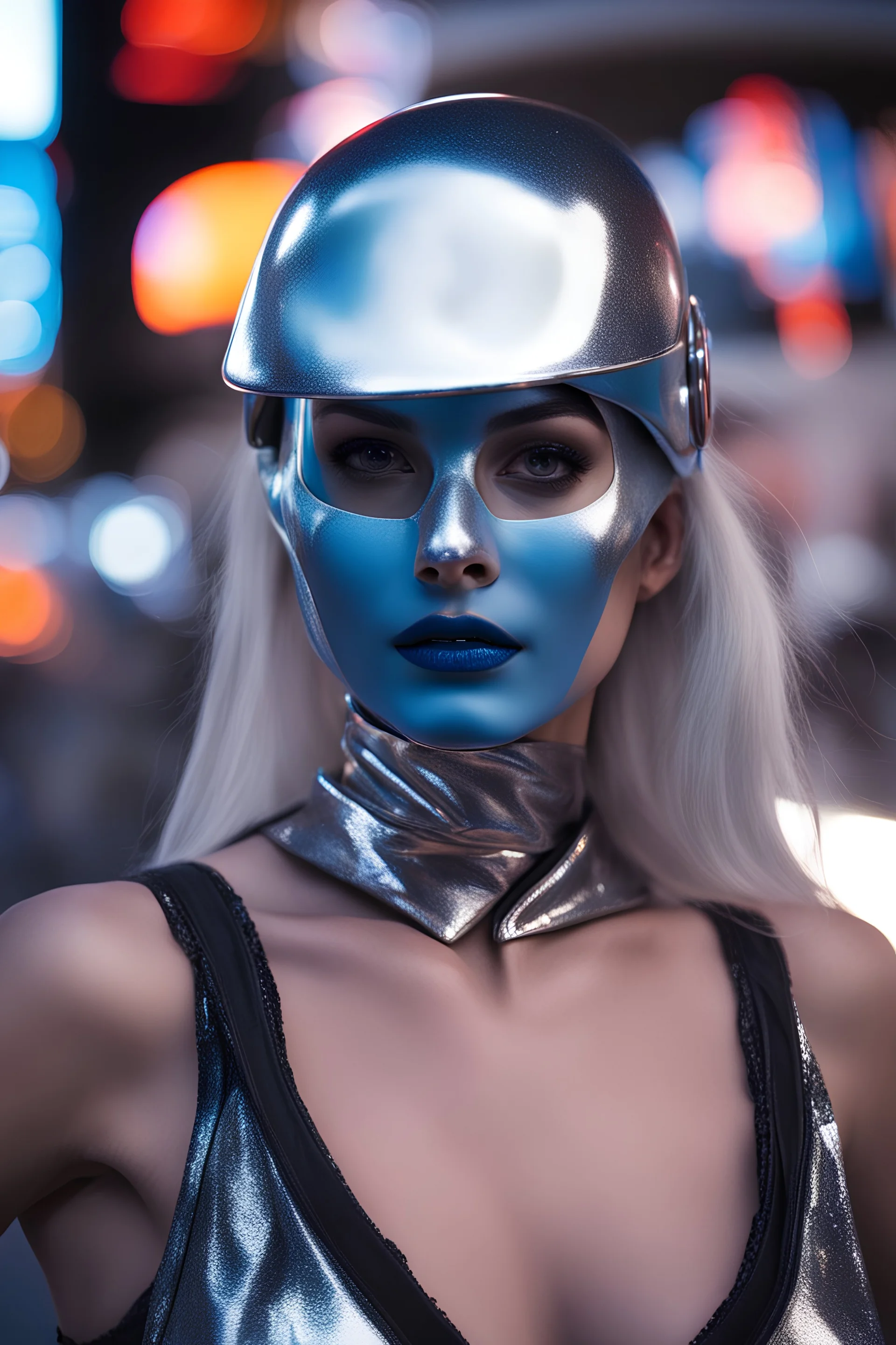 woman with blue skin and a shiny silver helmet covering her face posing on the las vegas strip