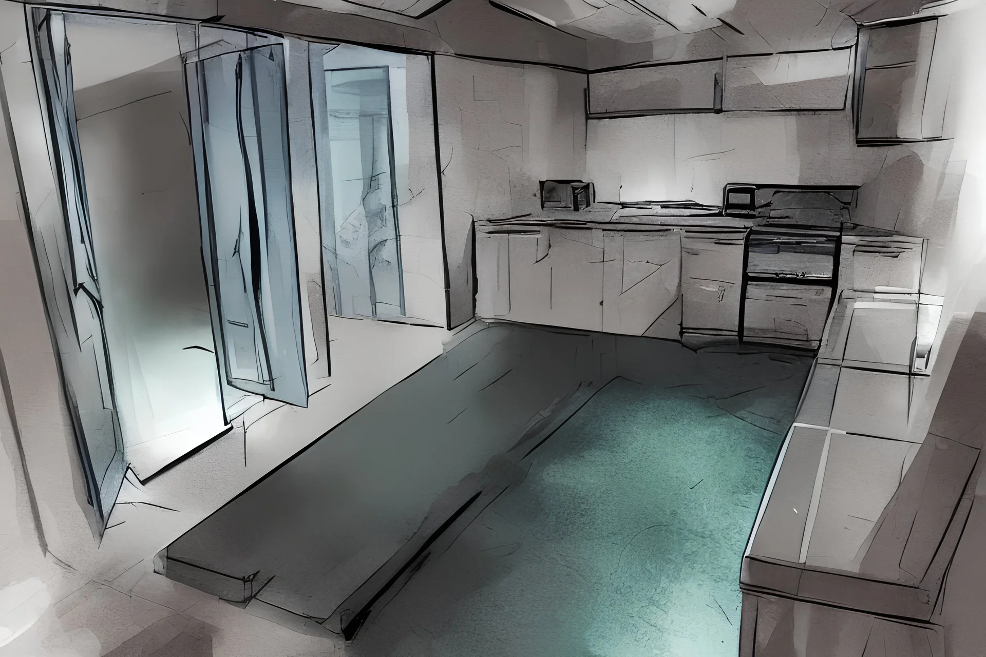 digital watercolor comic frontbook cover of a giant backroom, liminal space, trending in artstation, one point perspective, Wide-angle lens, basement, close to the ground take, very simple, minimalistic design, dark ambience