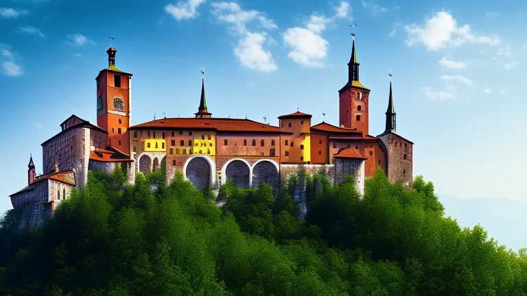 Huge medieval monastery at the top of a hill in northern Italy