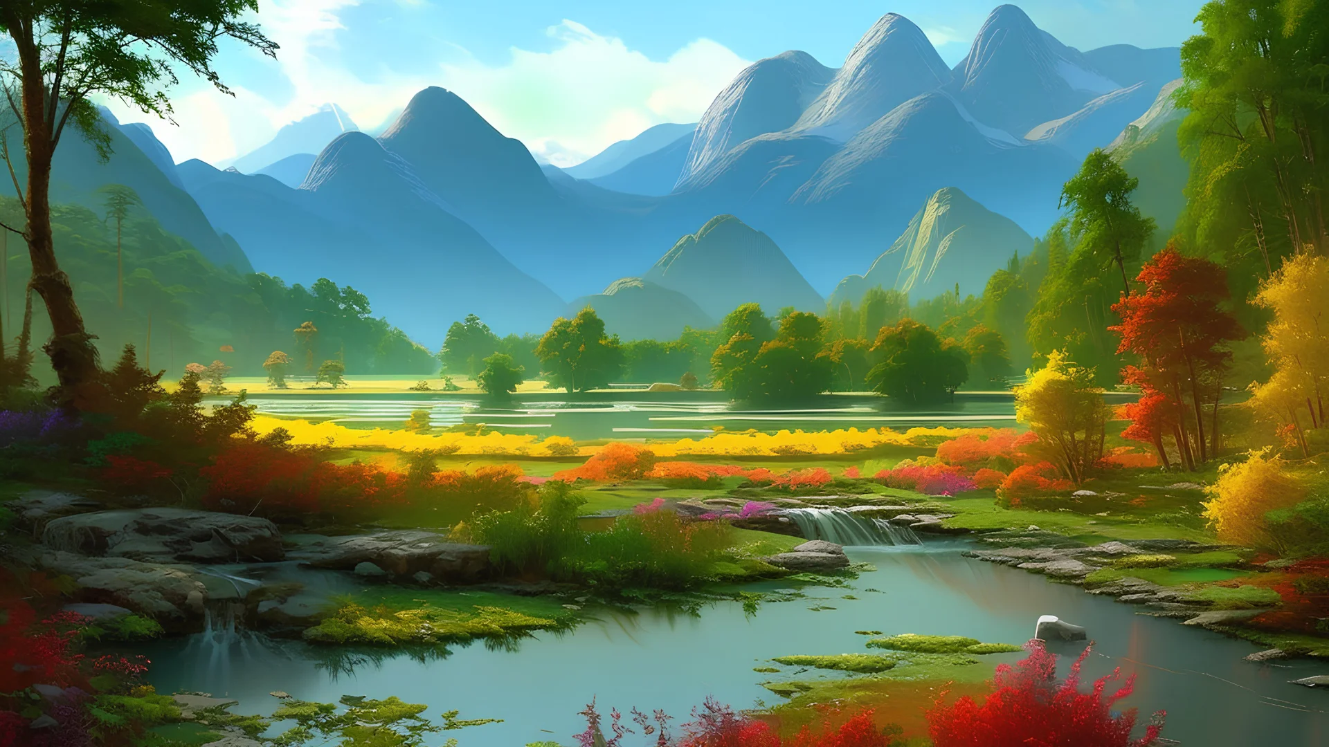 Serene landscape by day with sunlight beams with river running trough mountains, a forest with a lot of vibrant colors, in the style of bob ross, thomas kadinskade and albert bierstadt. Peacefull and calming, intricate details, vibrant.