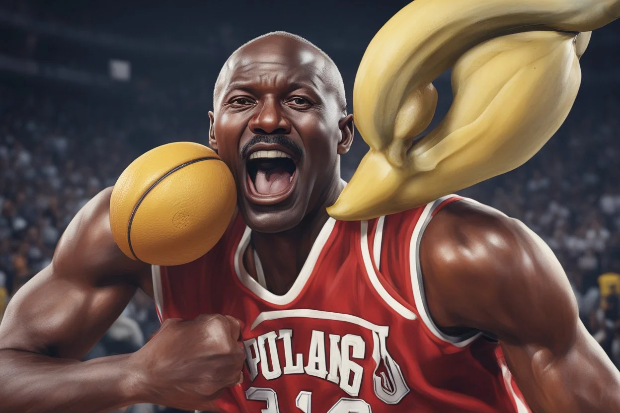 michael jordan wearing a banana mustache, shooting a basketball and crying, photorealistic