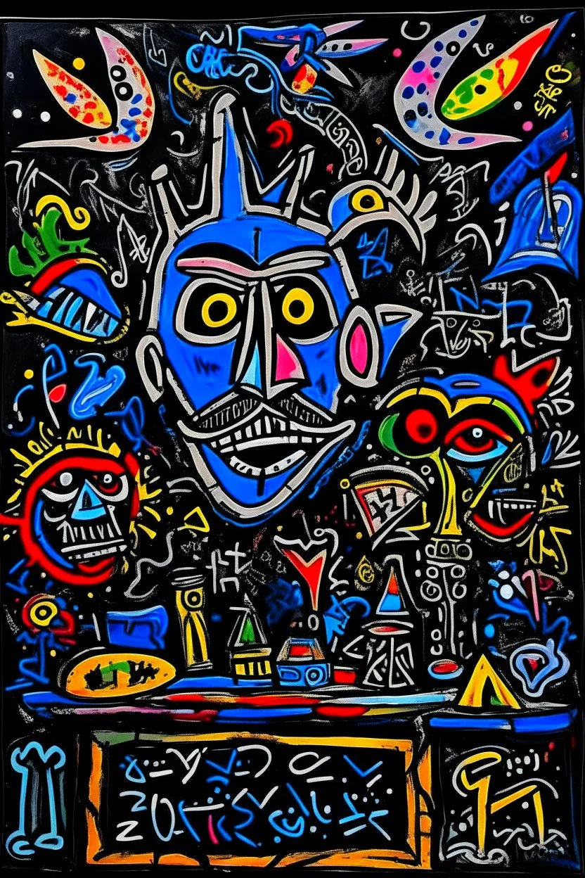 expressionism, Pixar style, in abstract art Basquiat, Picasso, Miro, Kandinsky, Klee, Birell, Fairey, Ardon, Buffet and Picasso style, HD --s 750 --v 5.1 --style raw, Acrylic colors black background