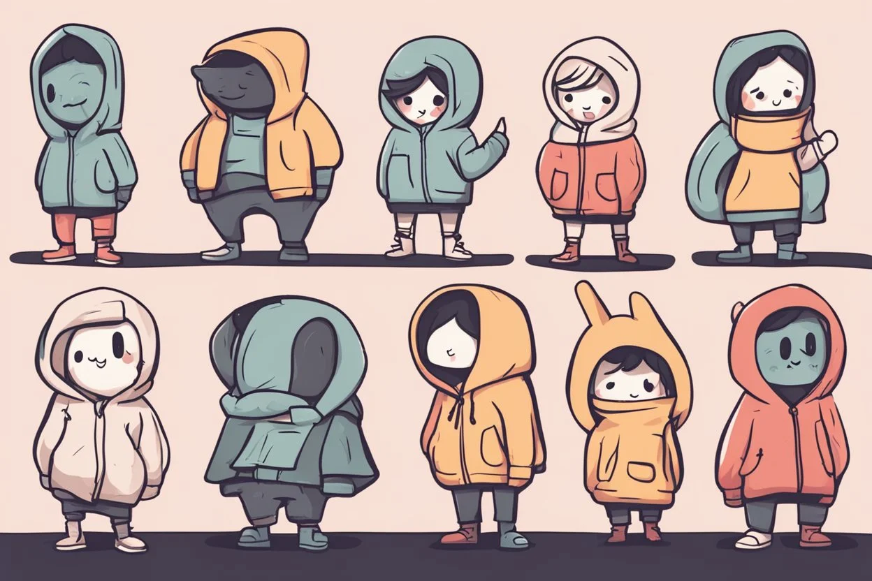 6 simple shaped hand drawn cartoon characters that are cute dark and have hoodies