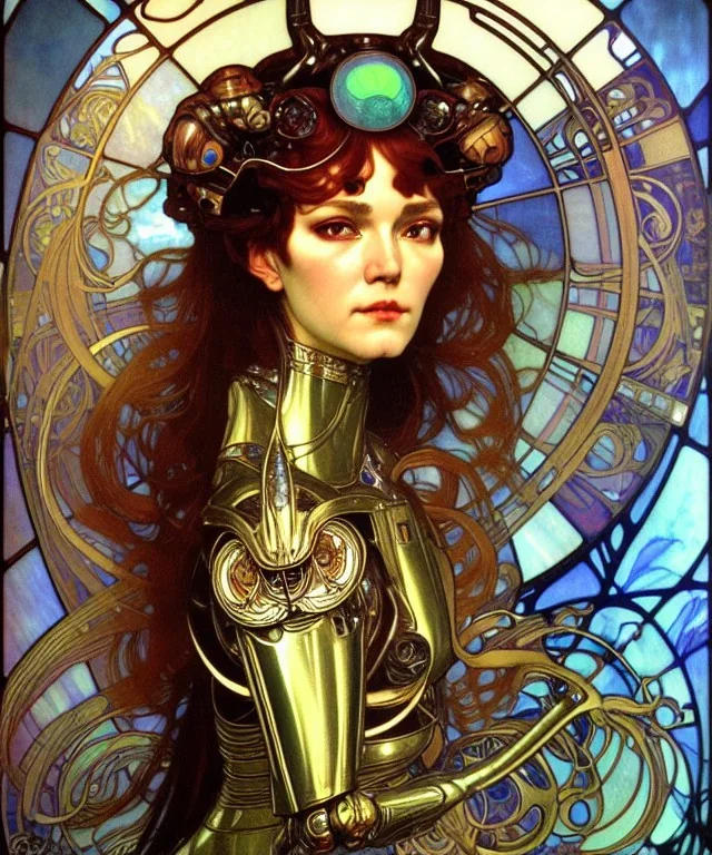 Realistic detailed face portrait of a beautiful futuristic Karen Carpenter queen in opudesignlent alien glass armor by alphonse mucha, ayami kojima, amano, greg hildebrandt, and mark brooks, female, feminine, art nouveau, ornate italian renaissance cyberpunk, iridescent venetian blown glass, neo - gothic, gothic, character concept