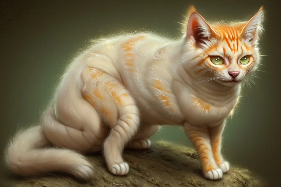 playing kittens Artist Jean-Baptiste Monge style. playing humanoid orange yellow white mossy kitty cat lizard-faced girl with mossy fur. White eyes.