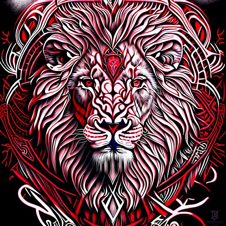 Lion symmetrical ink art colors red white and black hyper-detailed realistic 8k