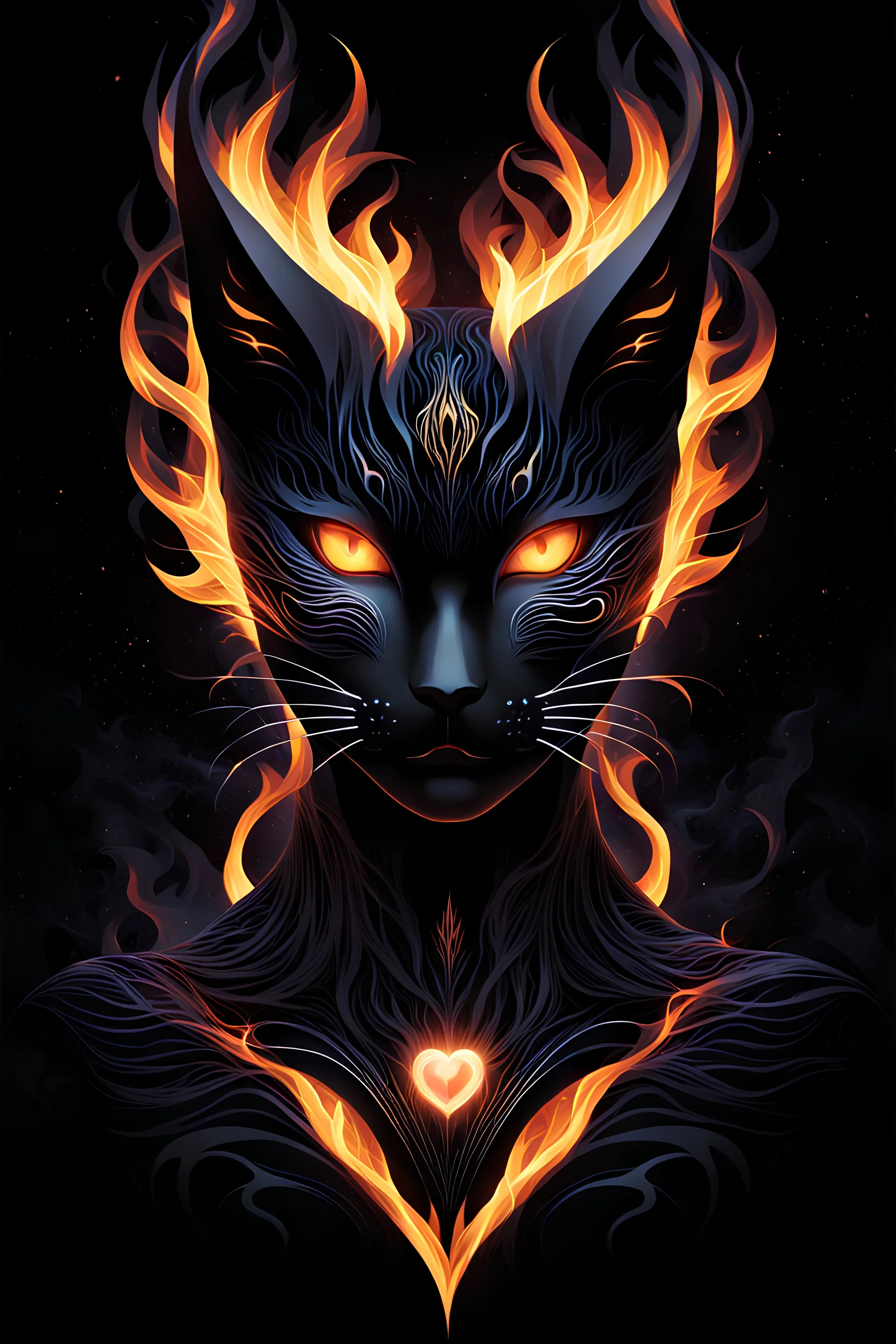 Captivating minimalist illustration of cosmic Catman, made up of intricately intertwined black flames. Her intense, bright eyes draw the viewer into her mesmerizing gaze, the pulsing energy of each flame creating a euphoric symphony within the heart. Dark background,the bright striped tail adds depth and dimension to the scene,evoking a feeling of dark fantasy, intriguing and mysterious aura. Vector pop art cinematic piece masterfully combines light and shadow, leaving the viewer in awe.Full bod