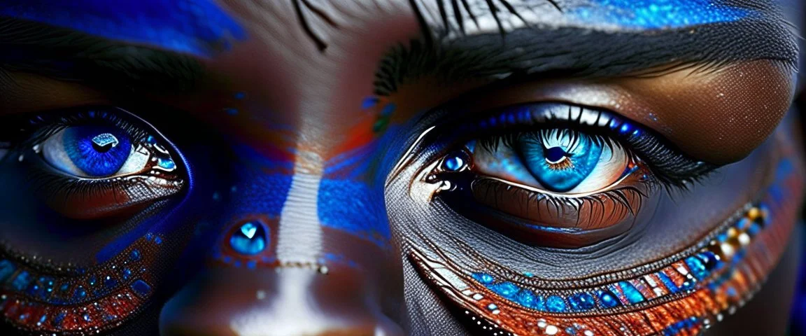 Extreme closeups of Wolof people. Their eyes glow with gemstone colors and reflect Cobalt Infinity, –v6