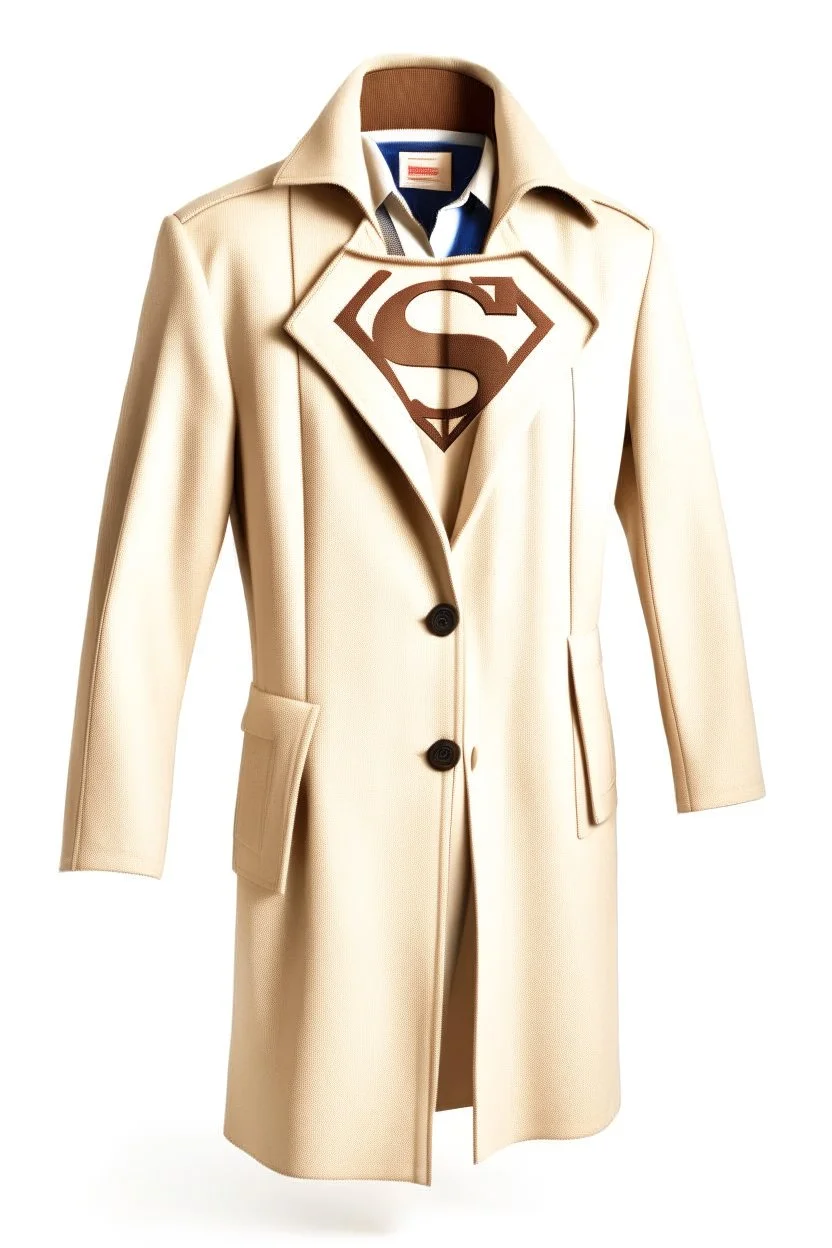 Men's Superman's Zara overcoat Winter elegant inspired by Superman's emblem design beige tones with dual color on a white background, product catalog photography, soft spot lighting, depth of field, 4k –ar 3:5 –q 2