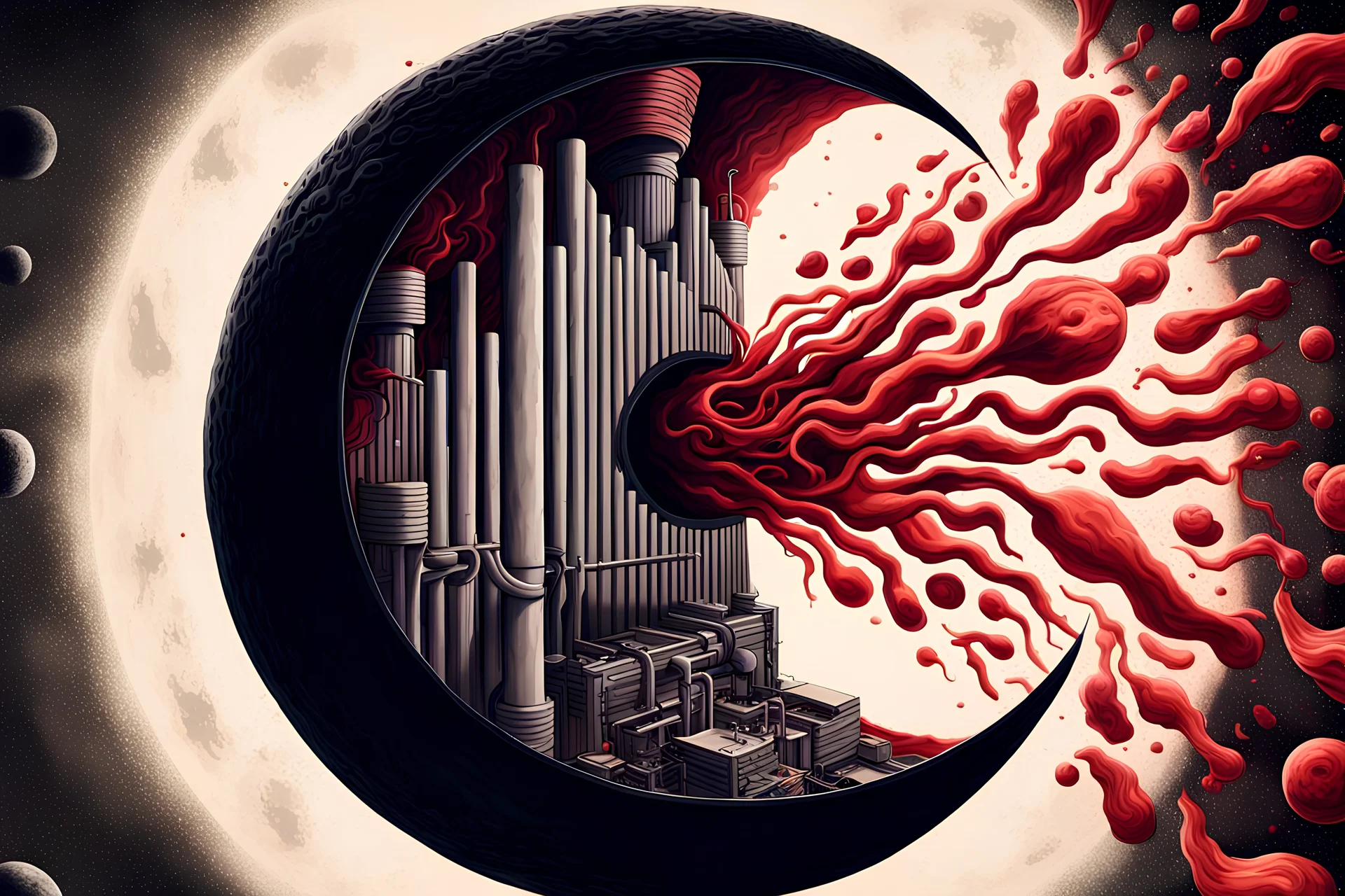 background cover of a dark, bloodish, organic, plasmatic dimensions flow from the black hole behind which is a lunar eclipse, inside there are pipes in the style of photo-realistic Stranger Things series like but without people