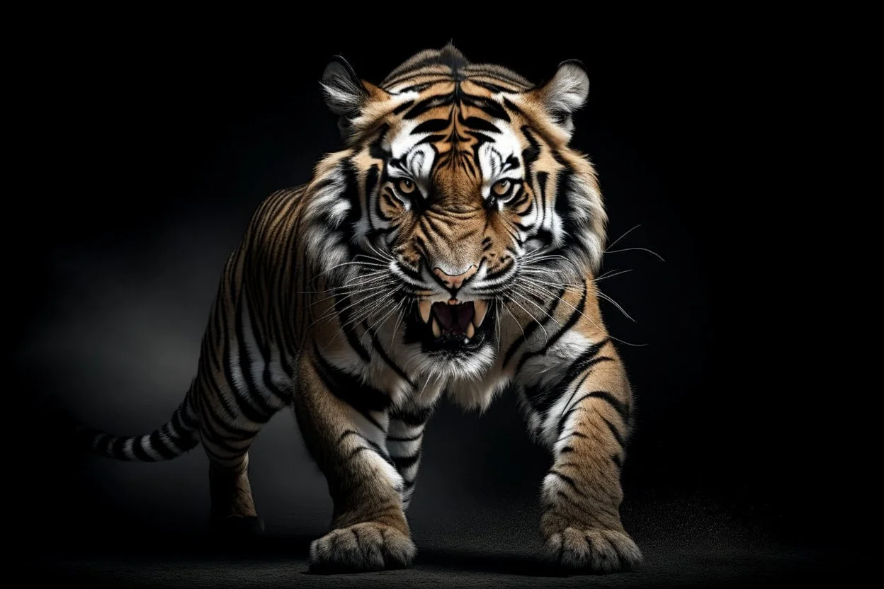 A captivating image of a attacking angry Siberian Tiger, poised on a vast field with a stark contrast between light and dark, conveys a powerful sense of tension. In this expertly captured photograph, the predatory animal stands tall, its muscular frame oozing strength and dominance. The sharpness of every detail accentuates the creature's primal aura, from its razor-sharp teeth and piercing eyes to its sleek, glossy fur. This mesmerizing image, with its impeccable composition