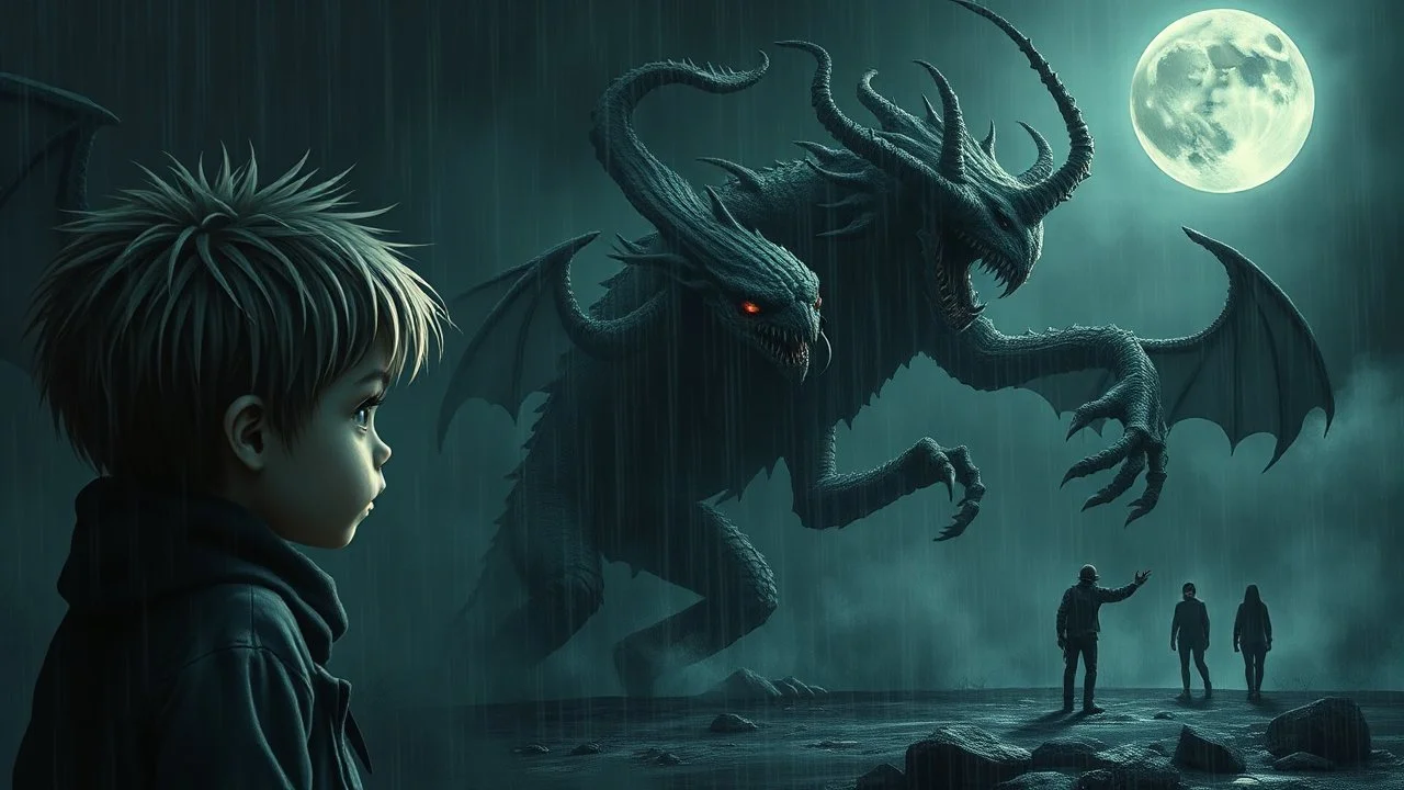 gentle, protective monsters fight with evil people, left side alone child gaze, random background random, deep dark color, , moon, mist, rain, highly detailed, weird , surreal dark fantasy mood style like T. Burton