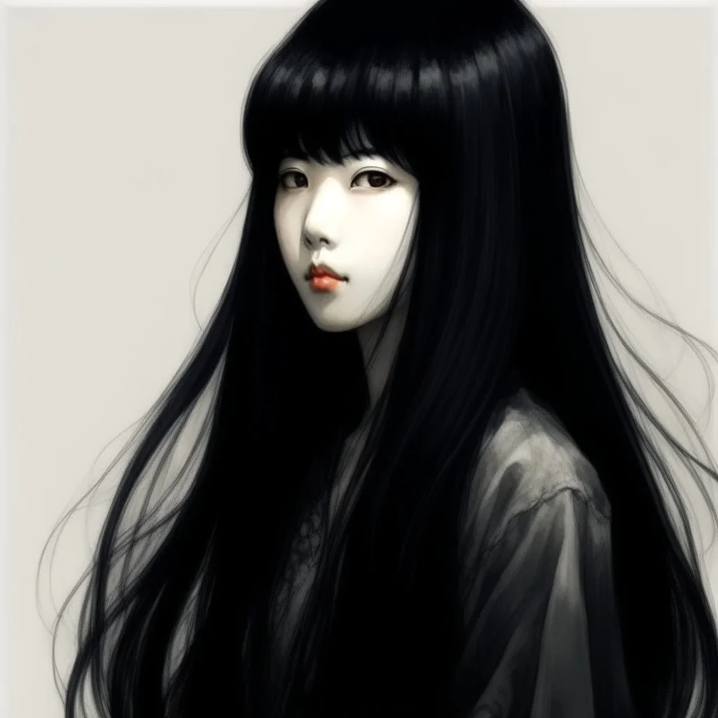 A Chinese girl with long black hair and bangs looking down in a blurry portrait, Overhead view, Chinese Ink style, full body, 4K, hyper quality