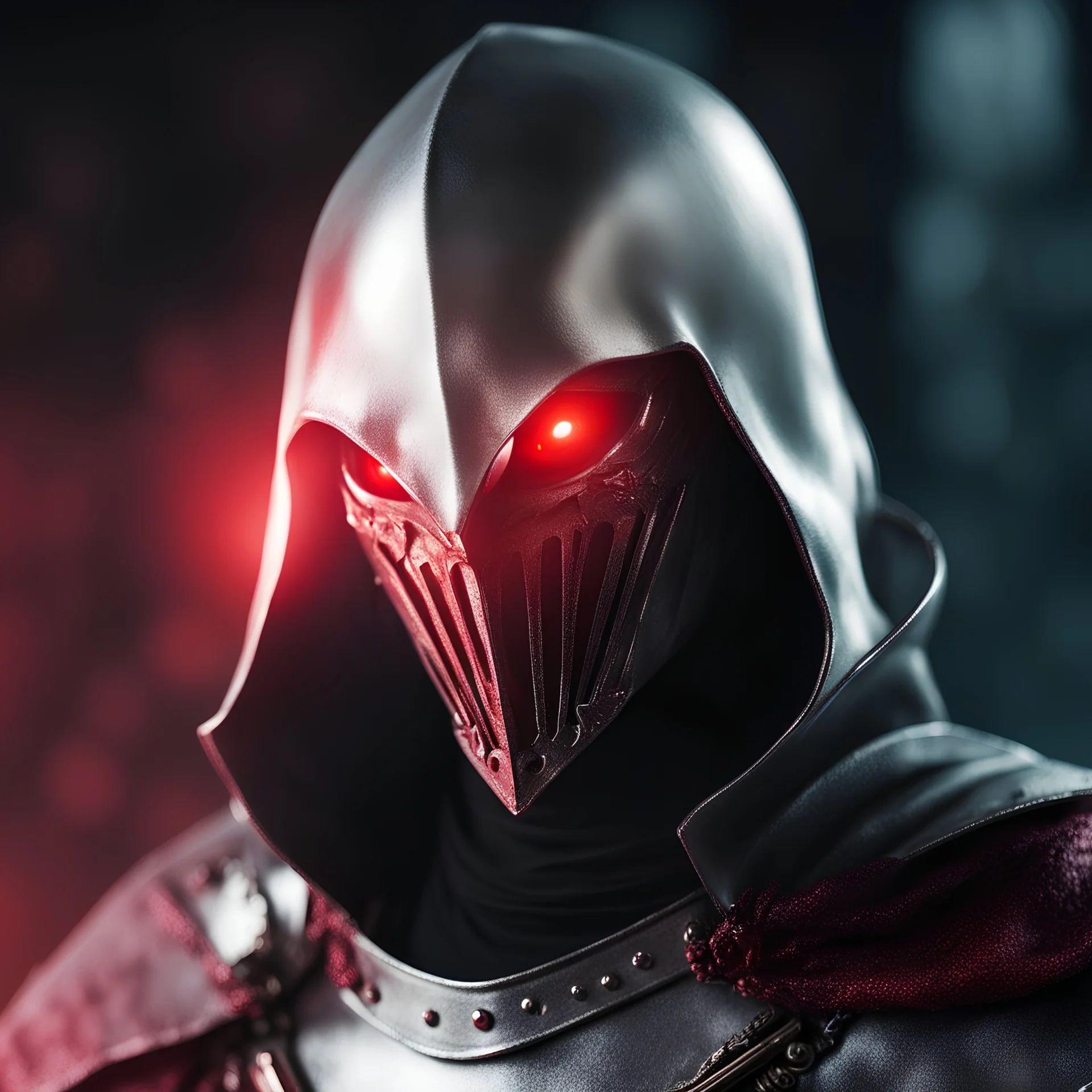 d&d style close up of a silver metal man in a fantasy world with glowing red eyes wearing a hood