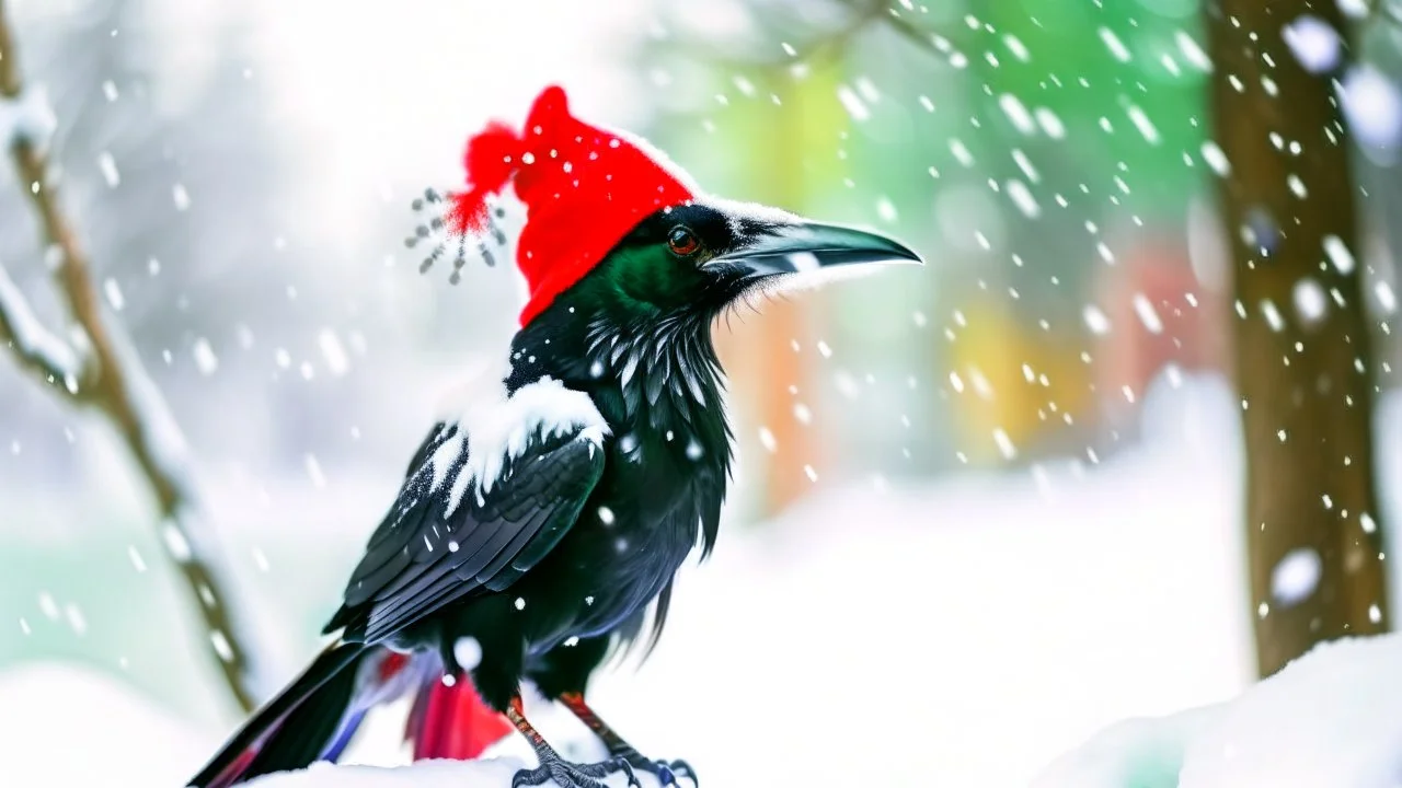 Create a captivating image featuring a crow adorned with a Christmas hat amidst a snowy landscape. Capture the essence of the winter scene, with the crow standing out against the white backdrop. Emphasize the festive mood by ensuring the Christmas hat is prominently showcased on the crow. Craft a visually enchanting composition that conveys the unique and whimsical combination of the crow in a snowy setting with a touch of holiday cheer.