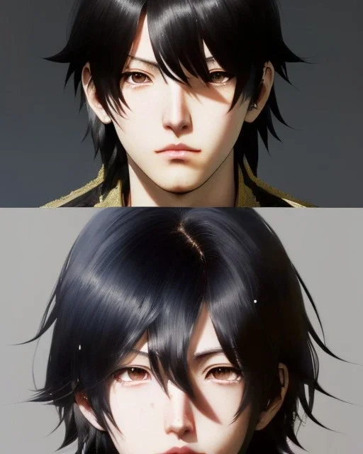 Detailed sad side character male anime boy with long brown hair, intricate details, full body portrait, keep head in frame, slight, black Japanese motif, concept art, highly detailed, digital painting, concept art, sharp focus, illustration, art by Yoji Shinkawa, WLOP and greg rutkowski and alphonse mucha and artgerm and yanjun Chen and Junji ito and Makoto Shinkai, HDR, octane render