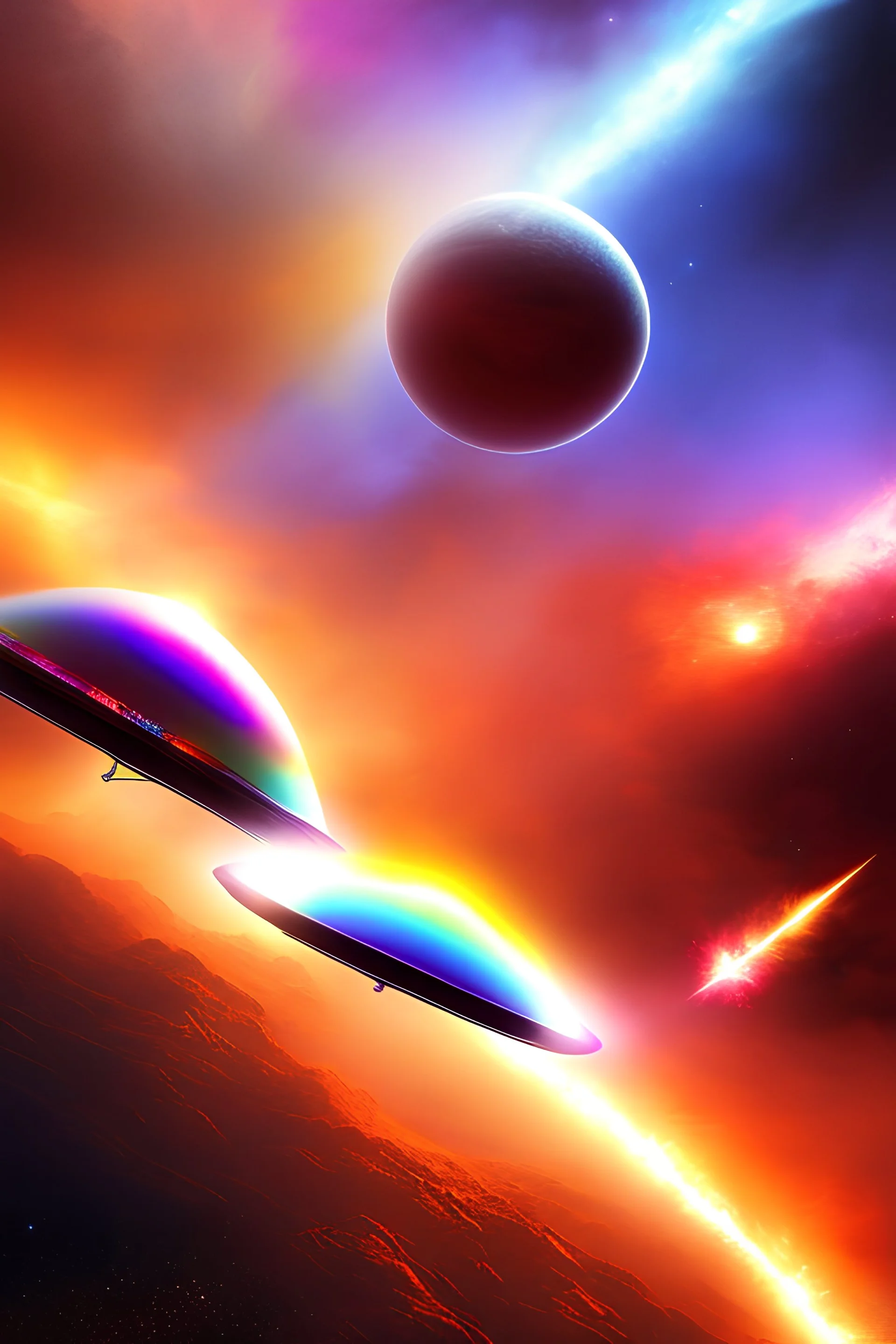 Ufo rainbow trés intergalactique, belles couleurs,incredible, cosmic, colours, planet, gold, realistic